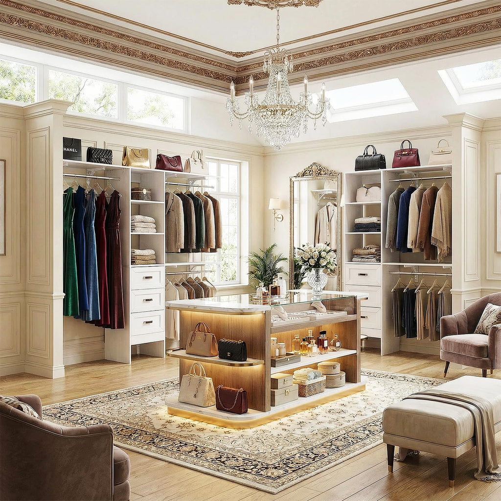 8FT White Wooden Closet System with 3 Drawers and 3 Hanging Rods Q150
