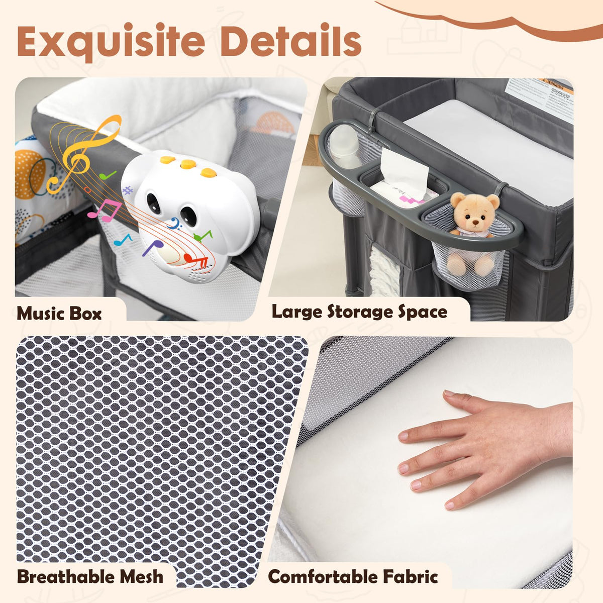 5-in-1 Pack and Play with Bassinet, Changing Table and Mat, Gray Q30341