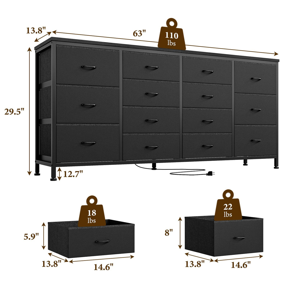 63 Inch TV Stand with 14 Fabric Drawers, Black Y694406