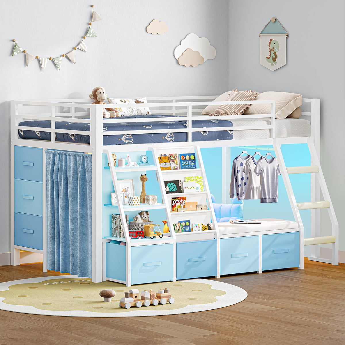 White & Blue Twin Loft Bed with 7 Storage Drawers W45122