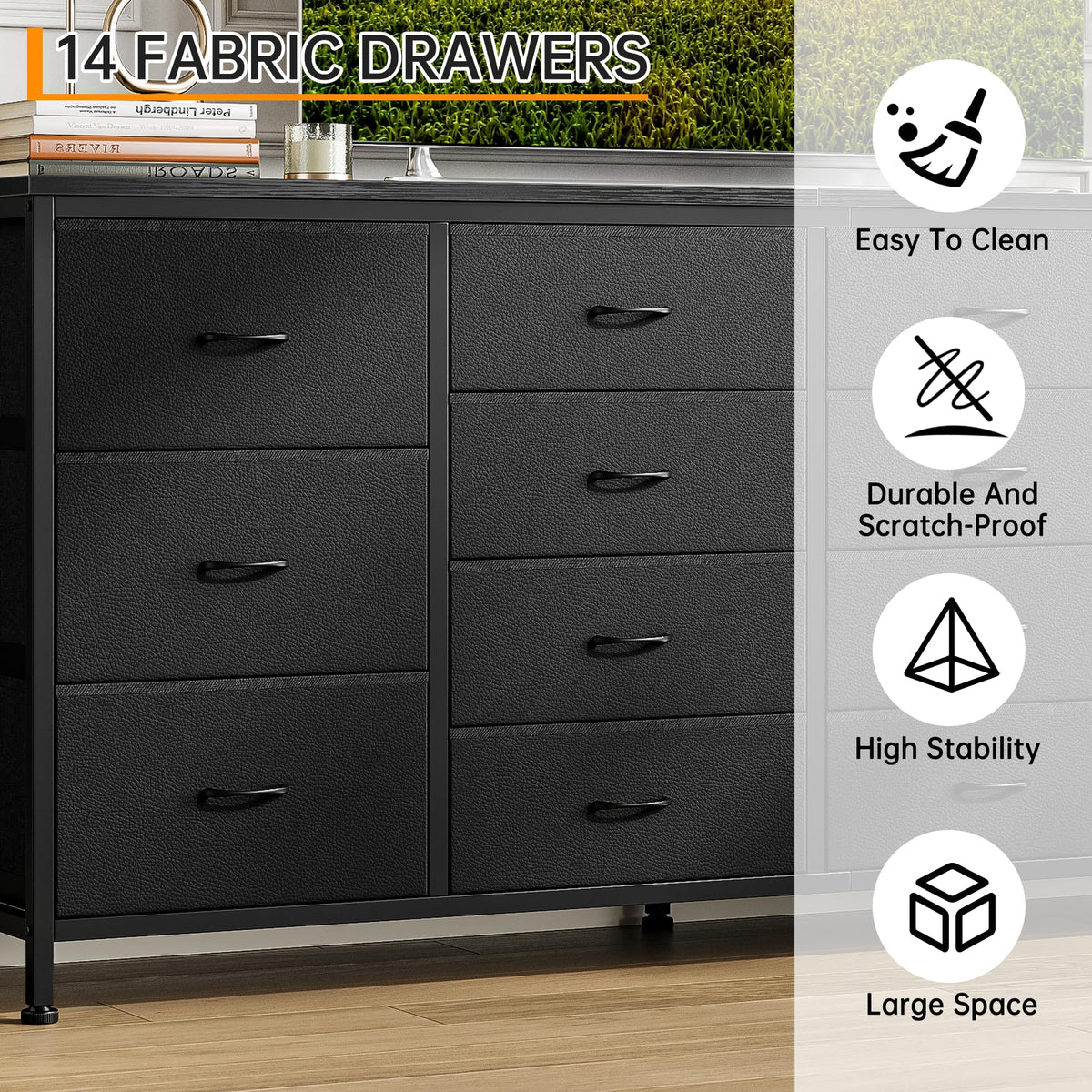 63 Inch TV Stand with 14 Fabric Drawers, Black Y694406