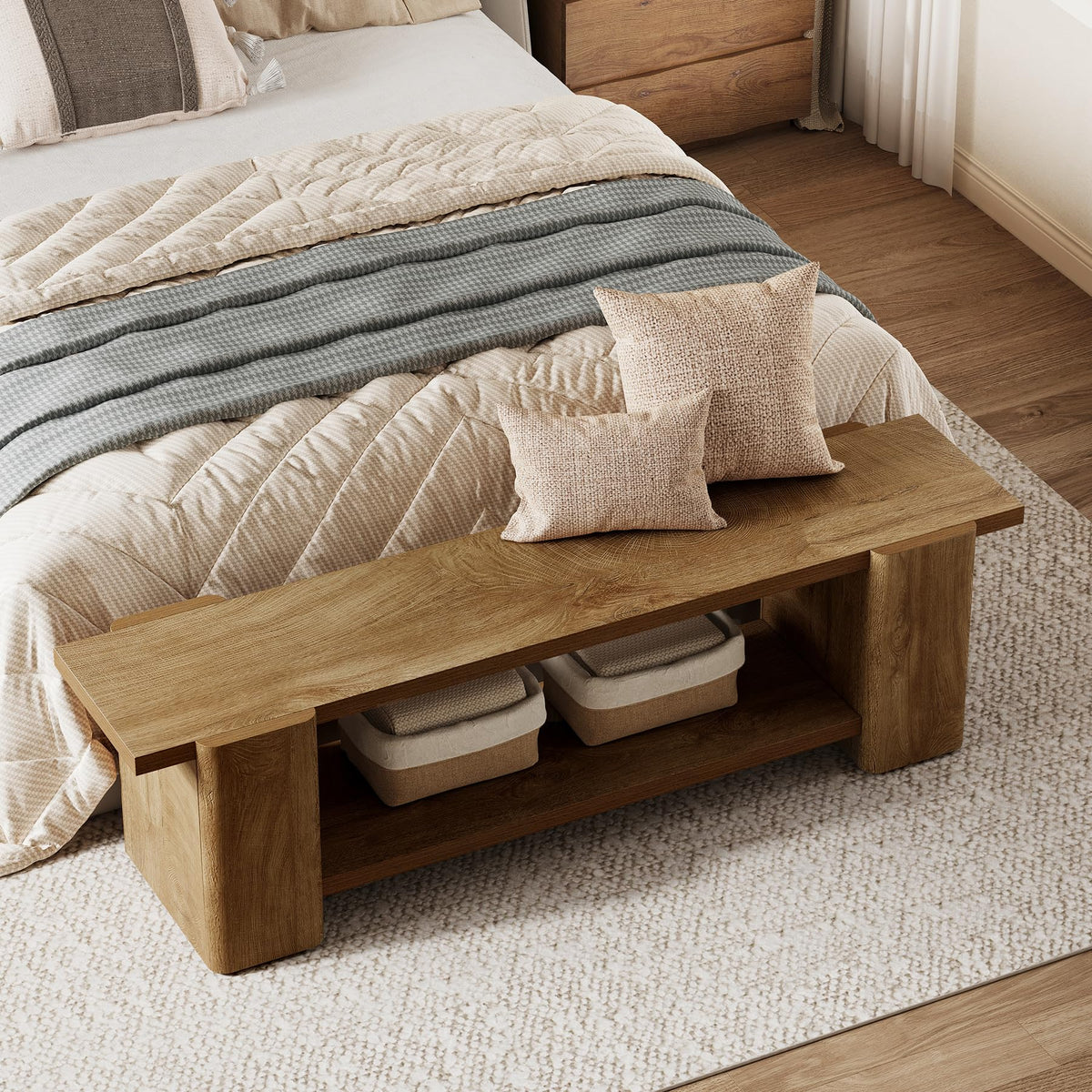 Wood Storage Bench with Shelf L3812