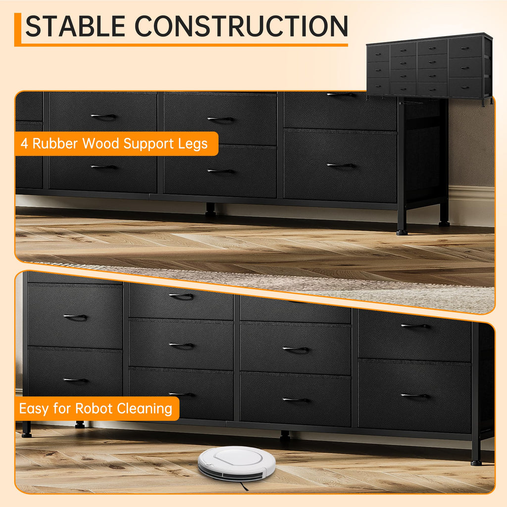 63 Inch TV Stand with 14 Fabric Drawers, Black Y694406
