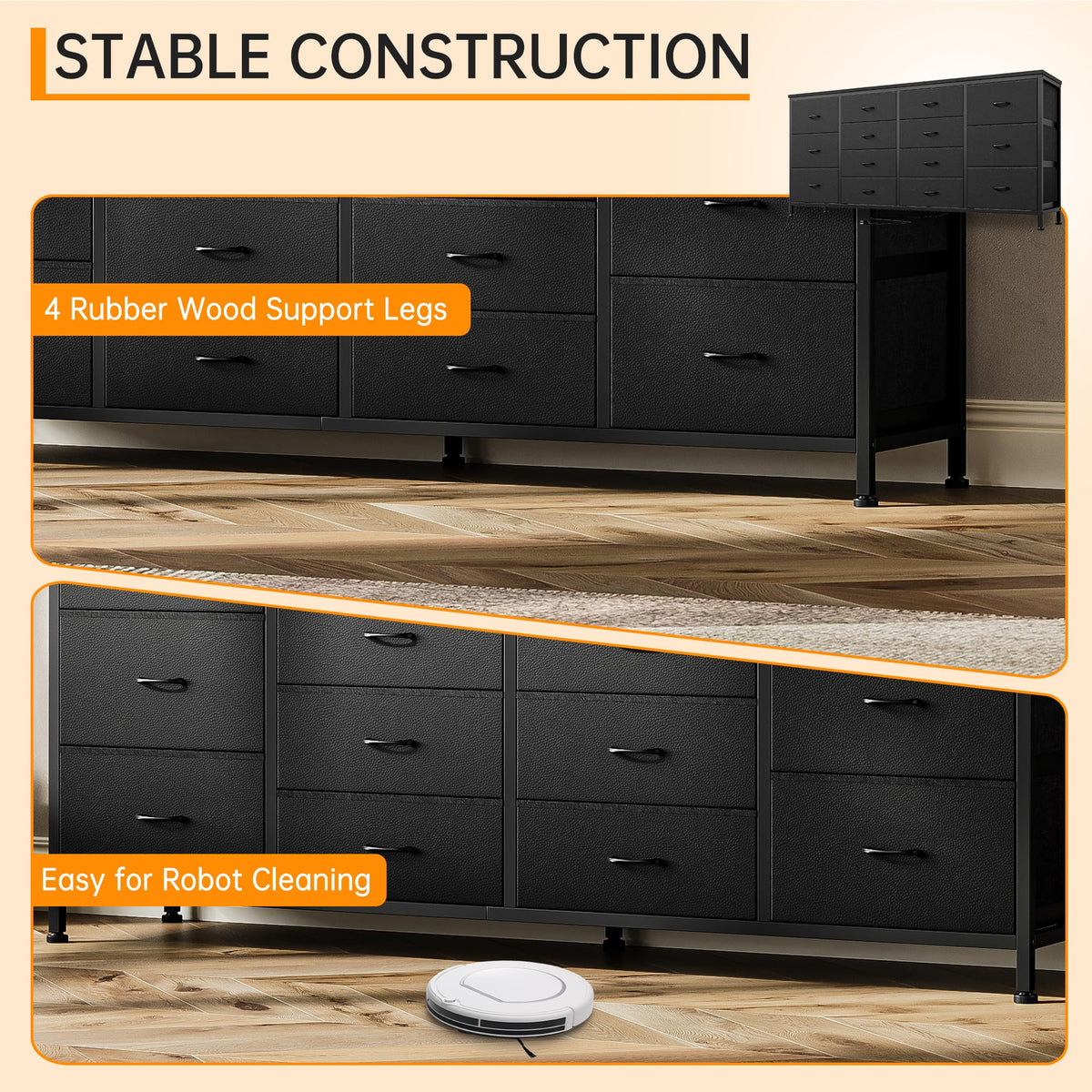 63 Inch TV Stand with 14 Fabric Drawers, Black Y694406