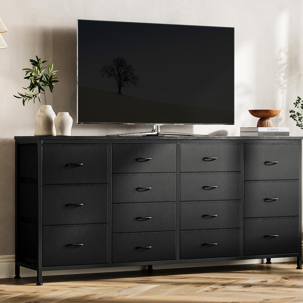 63 Inch TV Stand with 14 Fabric Drawers, Black Y694406
