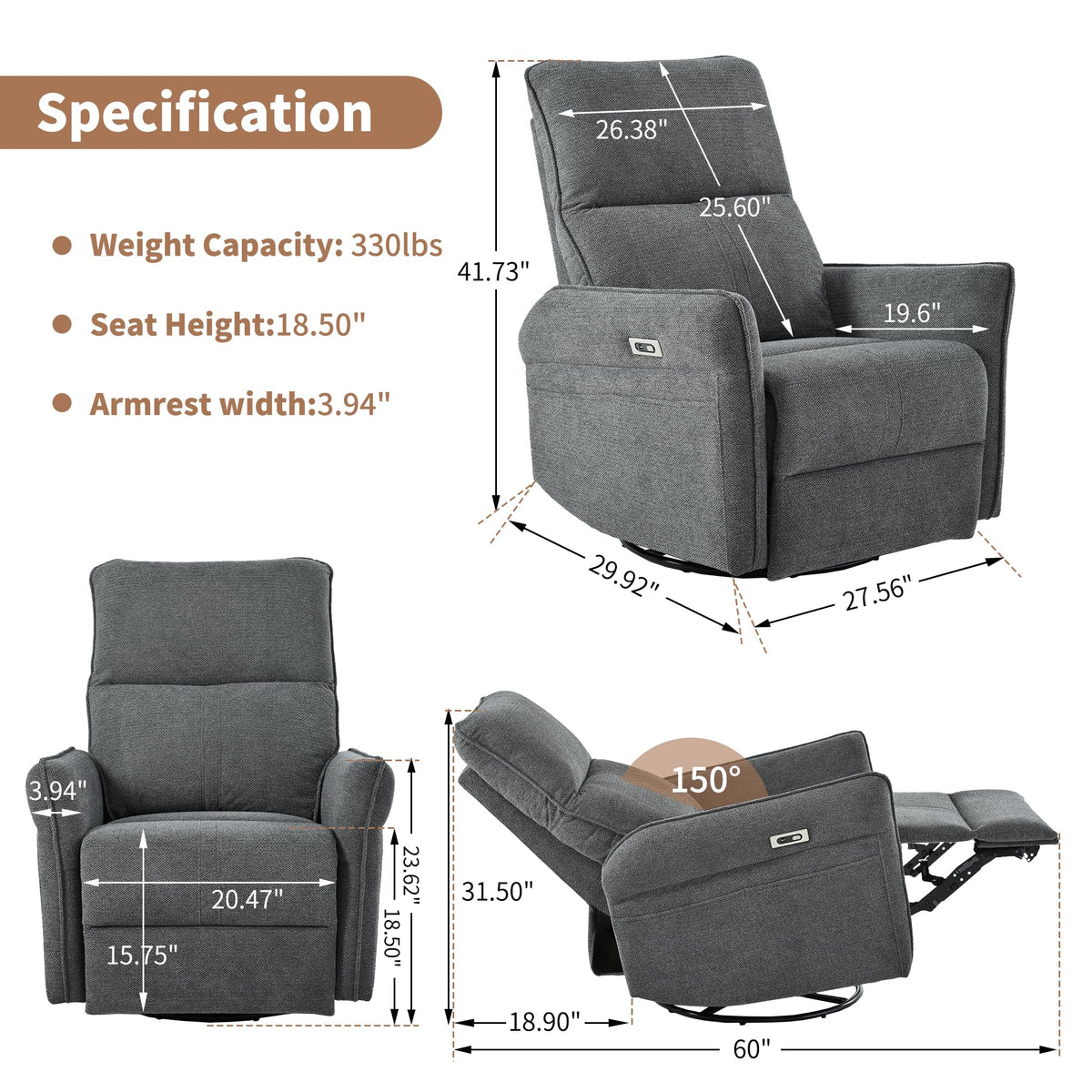 Power Swivel Rocker Recliner Chair Dark Gray N19087