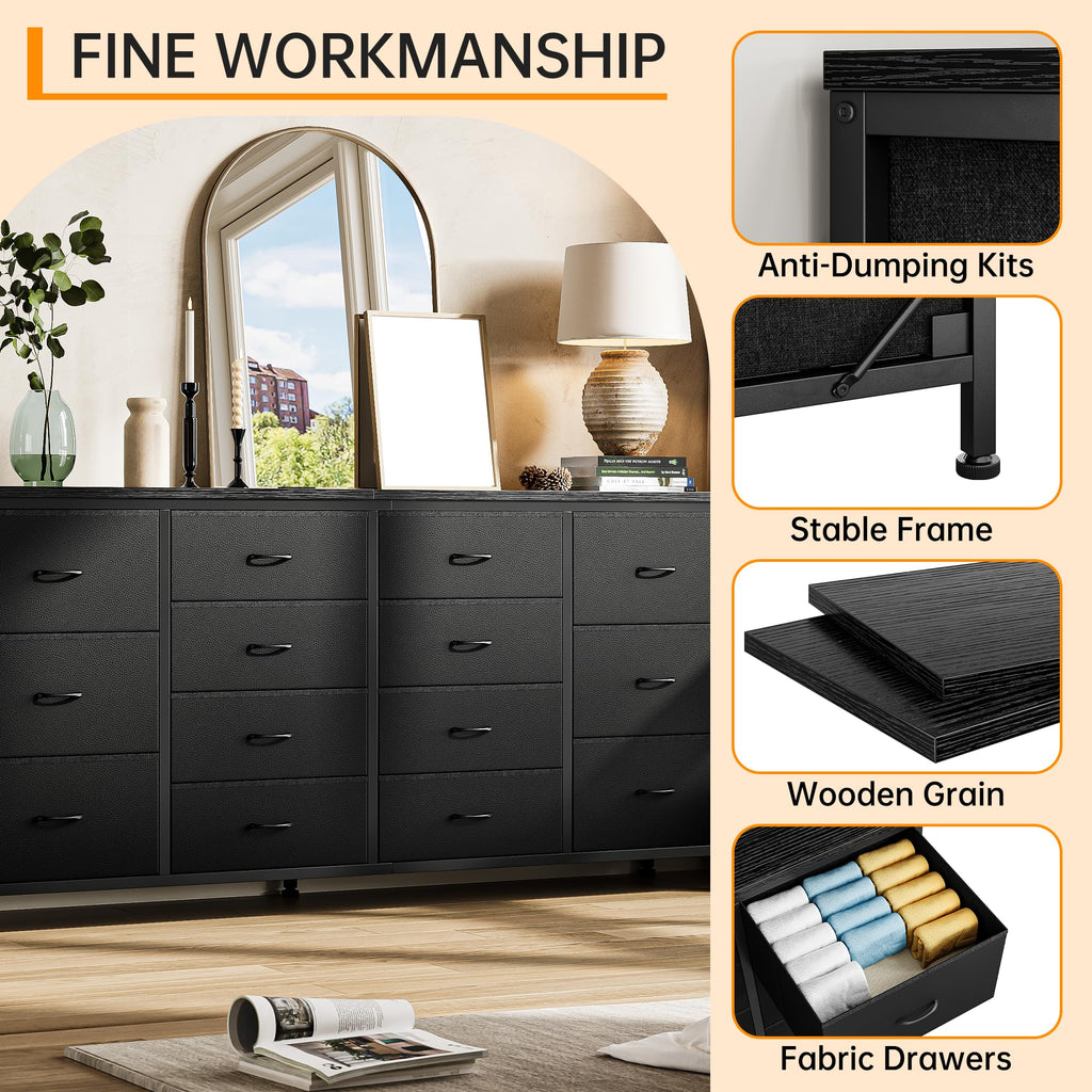 63 Inch TV Stand with 14 Fabric Drawers, Black Y694406