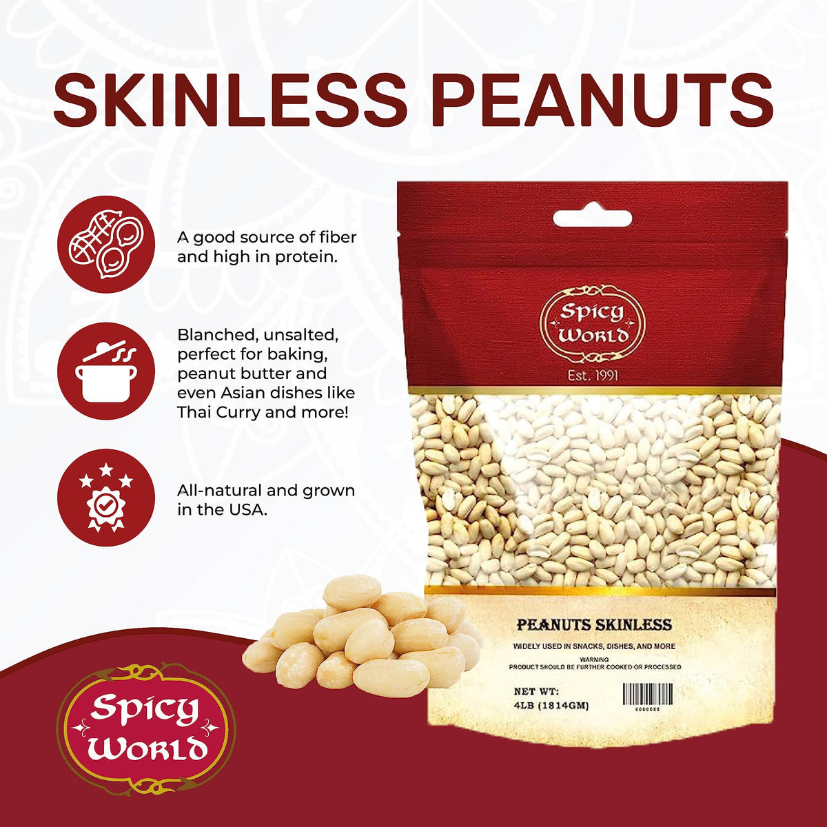 Blanched Raw Unsalted Skinless Peanuts 4 Pound M542