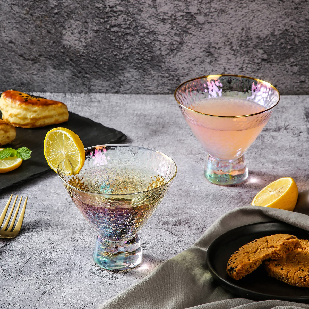 Stemless Martini Glasses Set of 2 Gold Rim S1570