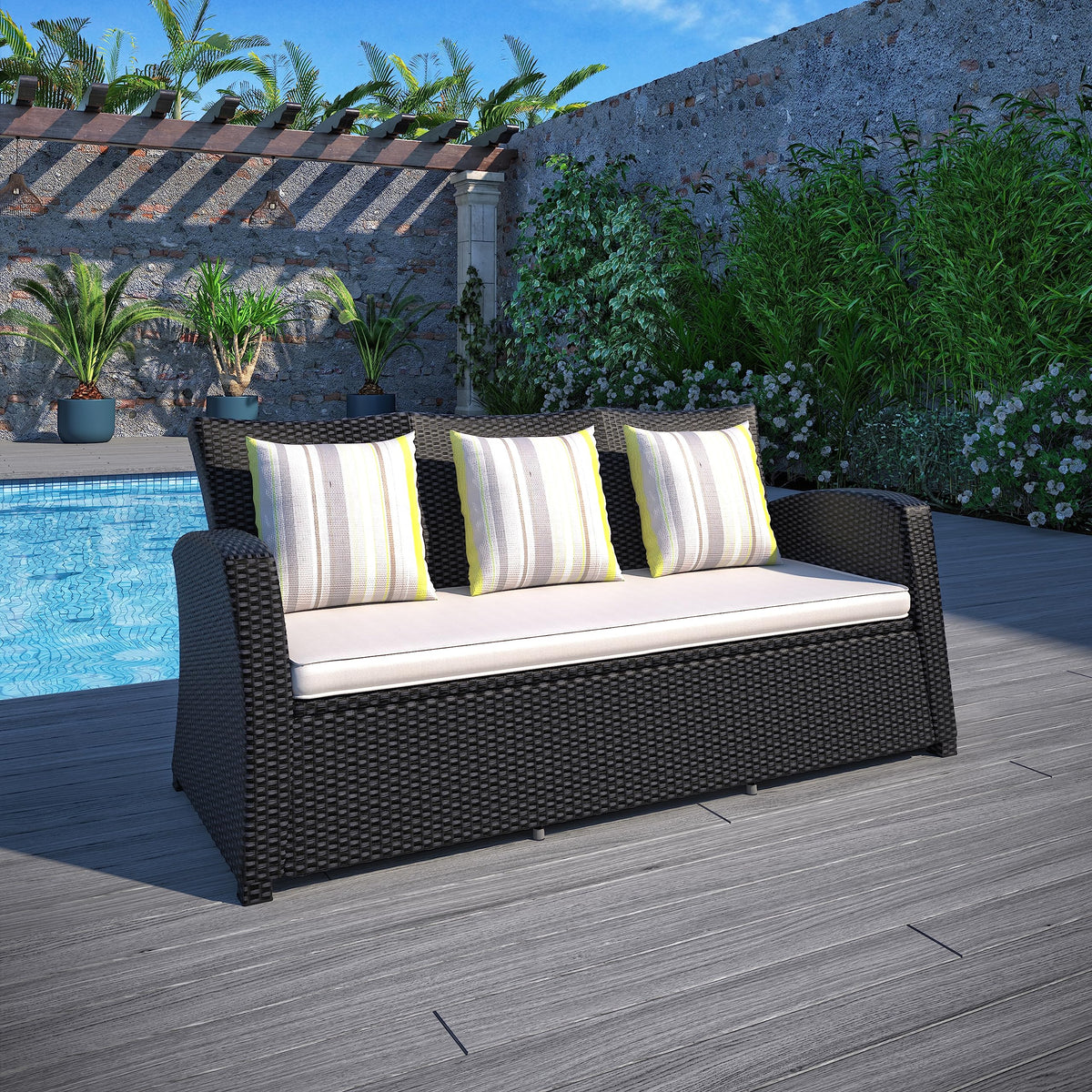 Light Grey Cushions Wicker 1-Piece Patio Sofa D683